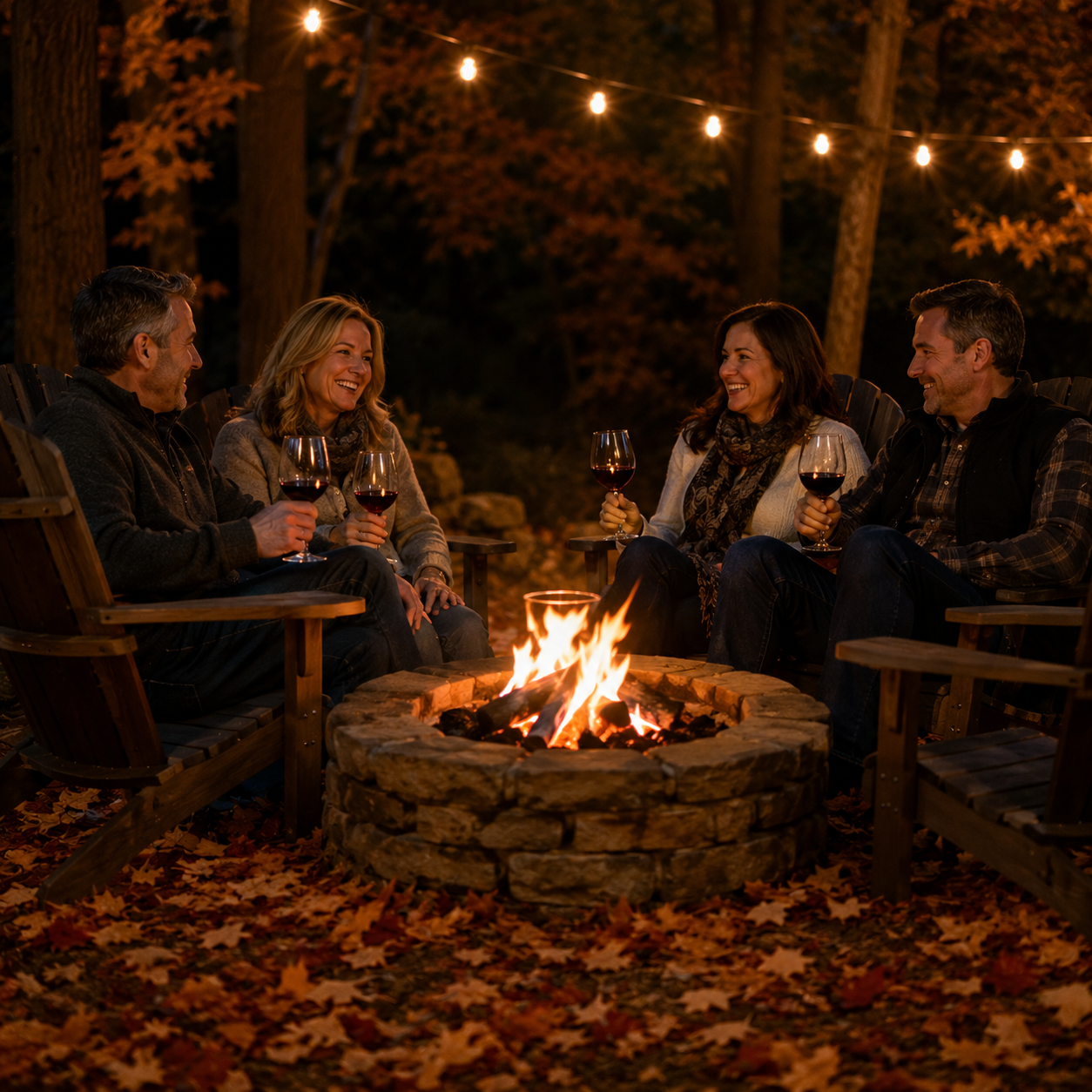 Guests enjoying a fall evening around a firepit in Ohiopyle Pennsylvania