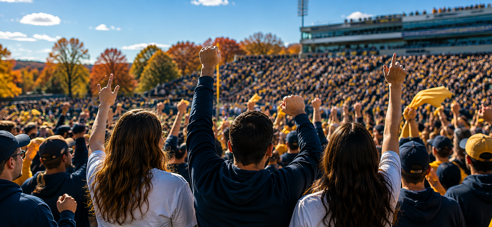 Football fans cheering in a packed Morgantown stadium on a crisp fall game day.