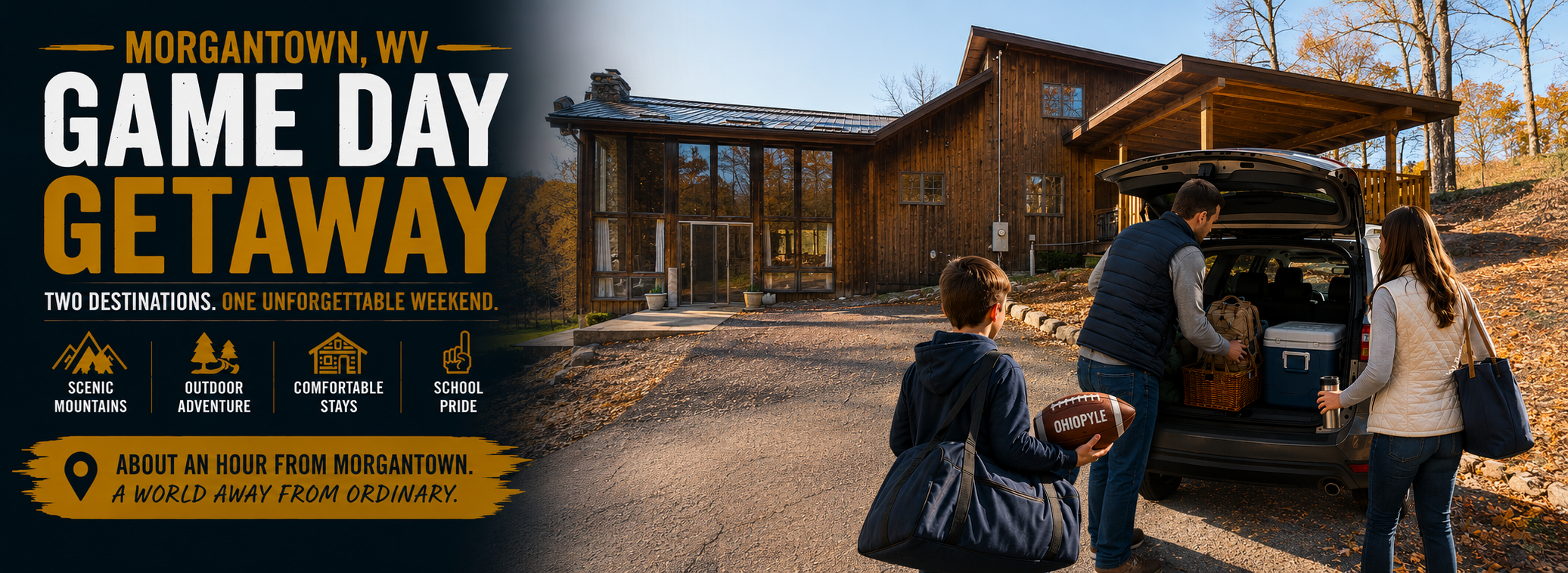 WVU football game day getaway near Morgantown with lodging and outdoor adventures in Ohiopyle