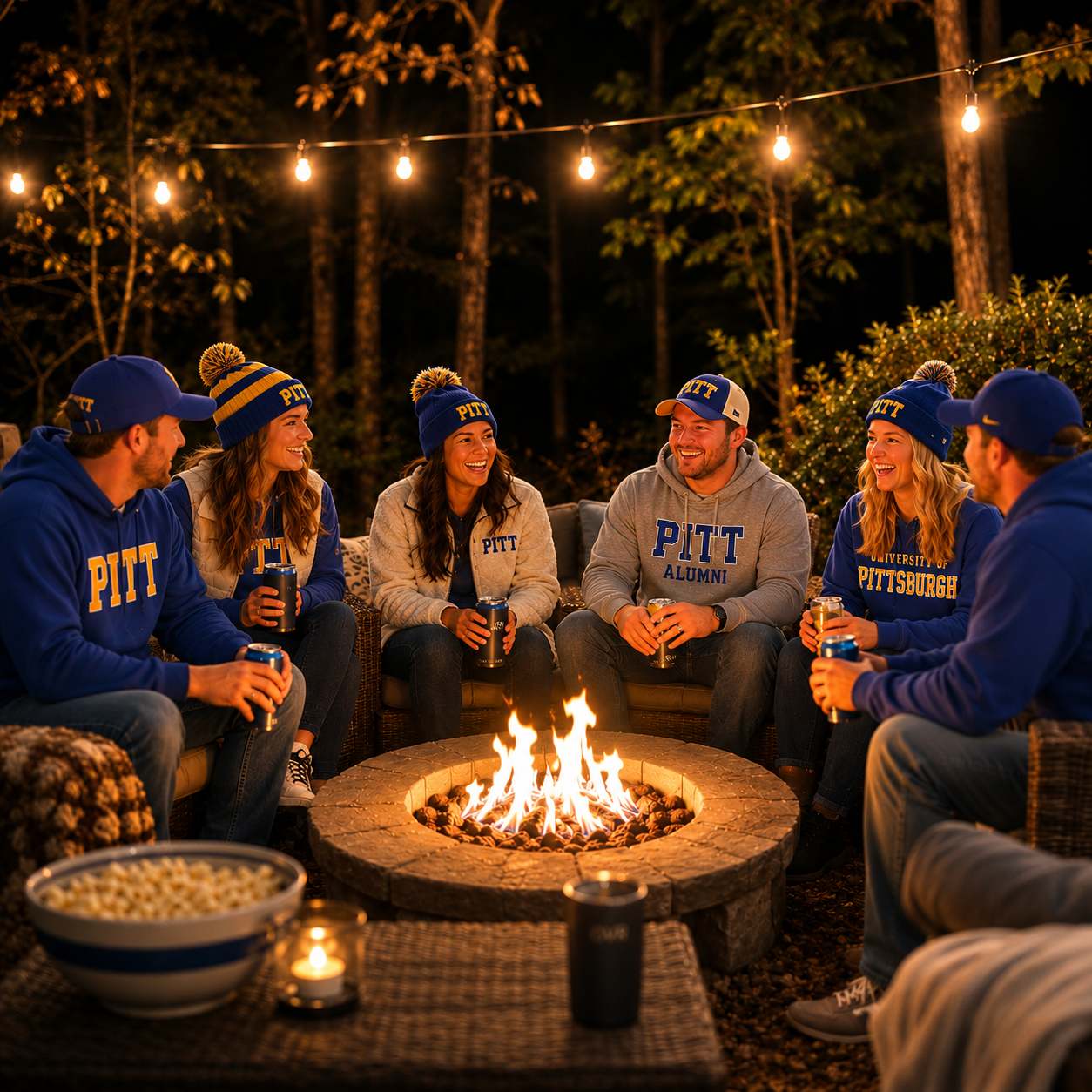 Pitt football fans gathering around a fire pit during an Ohiopyle weekend getaway