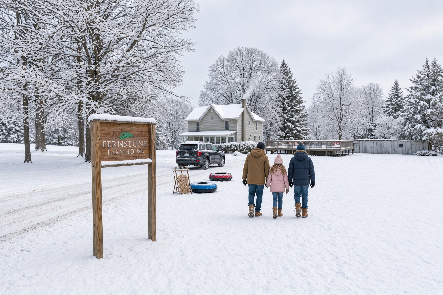 Family walking toward Fernstone Farmhouse with sleds and snow tubes during a winter getaway near Ohiopyle