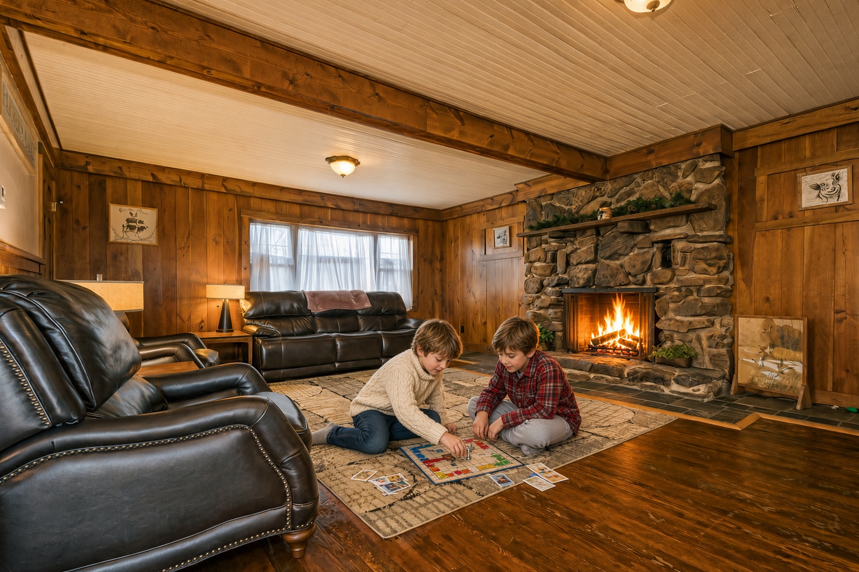 Children playing a board game beside a fireplace during a winter getaway in Ohiopyle