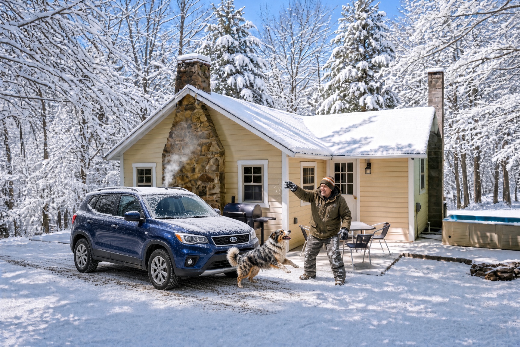 Guest arriving with his dog at an Ohiopyle vacation rental on a snowy winter weekend