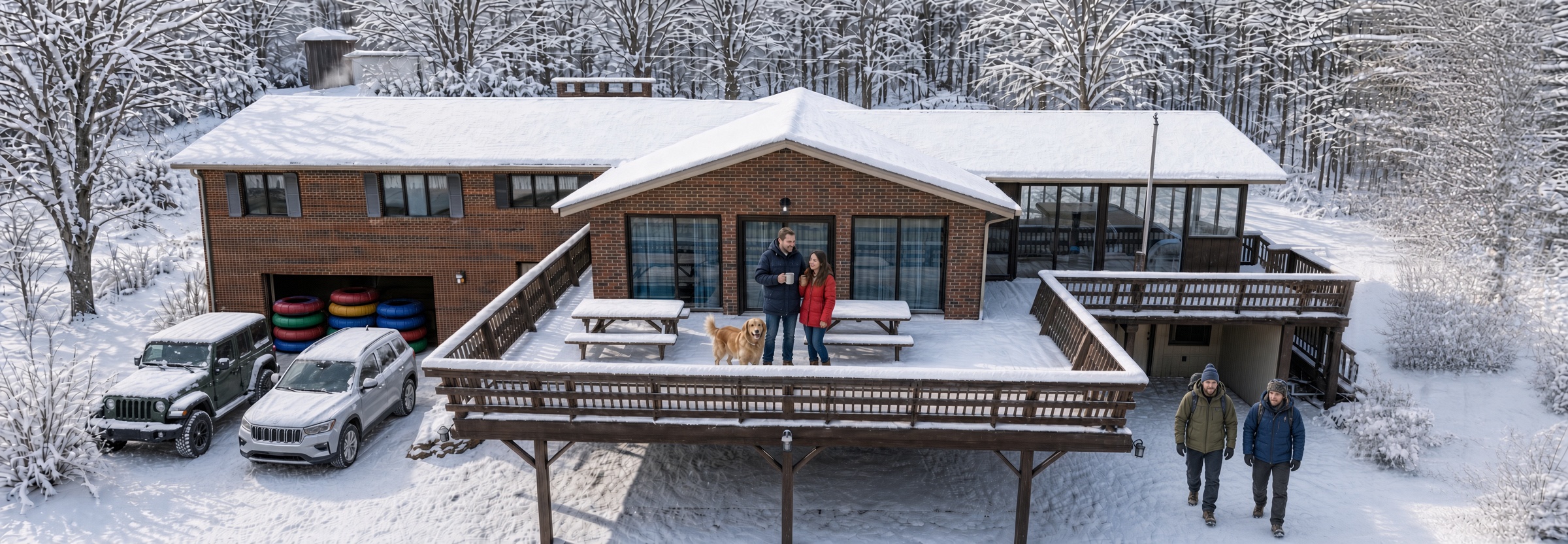 Friends and a dog enjoying a snowy winter getaway at a large Ohiopyle vacation rental