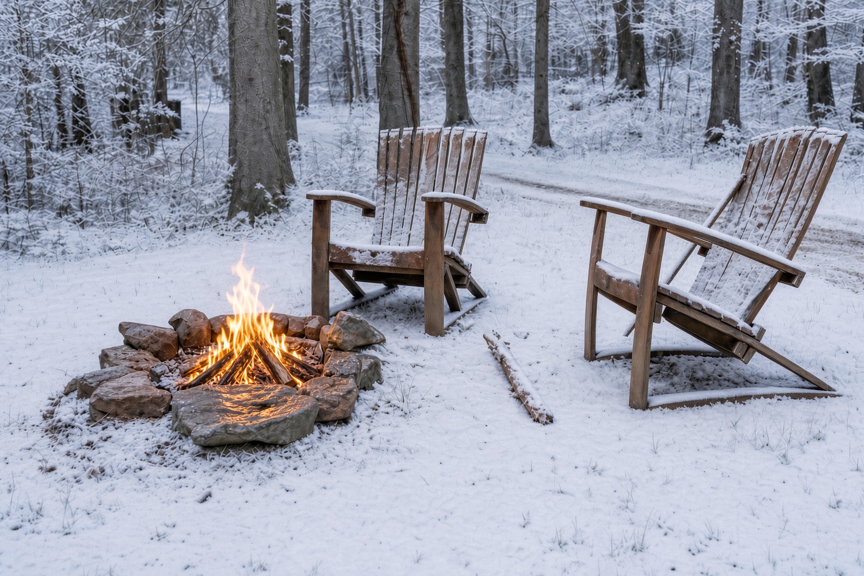 Outdoor fire pit and Adirondack chairs surrounded by snow at an Ohiopyle vacation rental
