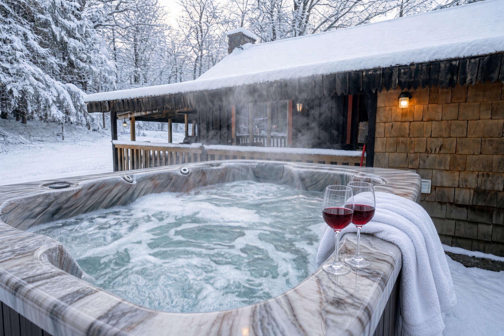 Steaming hot tub with two glasses outside a snow-covered Ohiopyle vacation rental