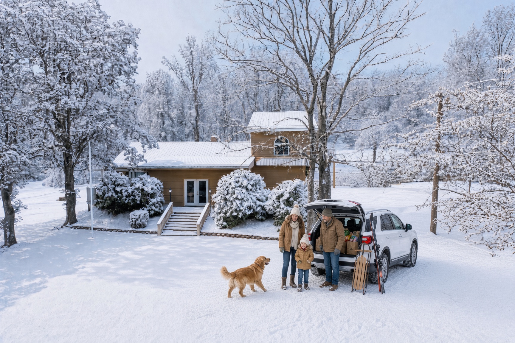 Family and dog arriving with skis and a sled for a winter weekend at an Ohiopyle vacation rental